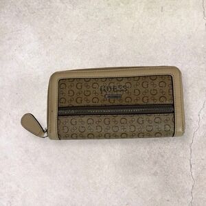 GUESS Womens Brown Monogram Logo Zip Around Wallet Tan Trim